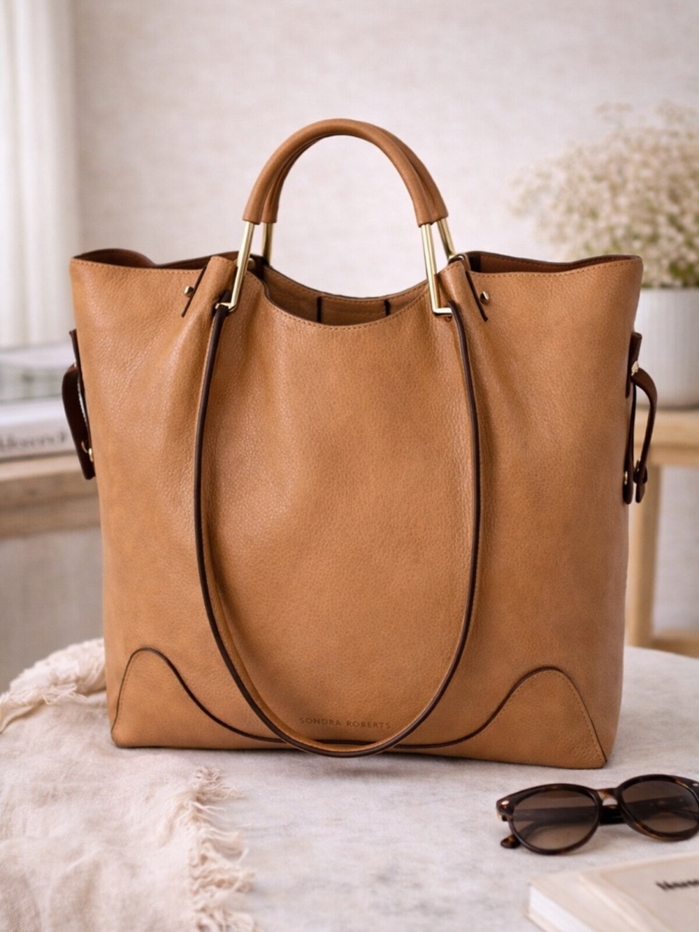 Sondra Roberts Tan Pebbled shoulder bag structured Tote